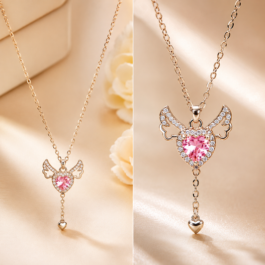 Angel Wing Crystal Heart Pendant Necklace for Women & Girls
