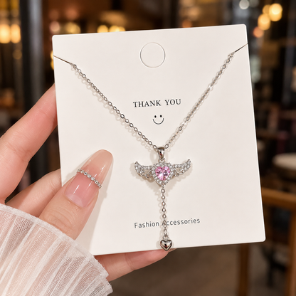 Angel Wing Crystal Heart Pendant Necklace for Women & Girls
