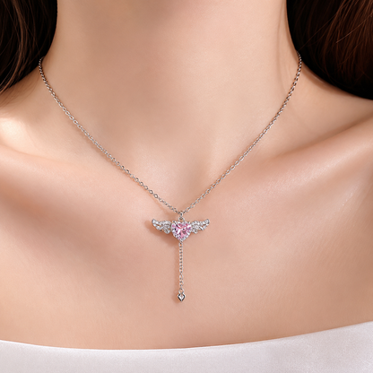 Angel Wing Crystal Heart Pendant Necklace for Women & Girls